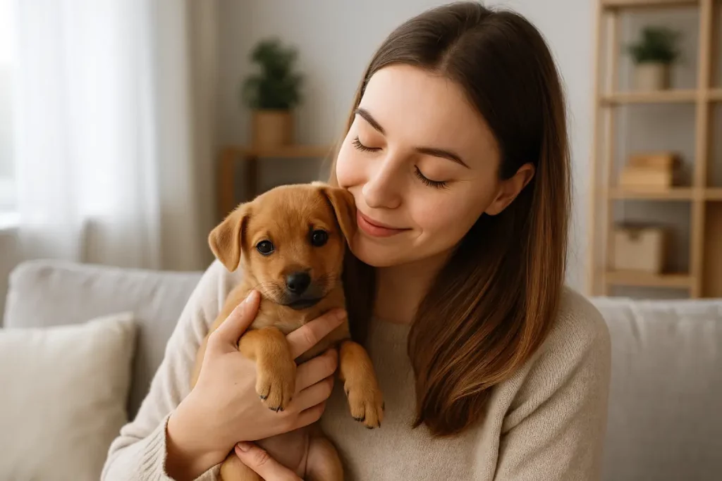 mulher segurando filhote de cachorro