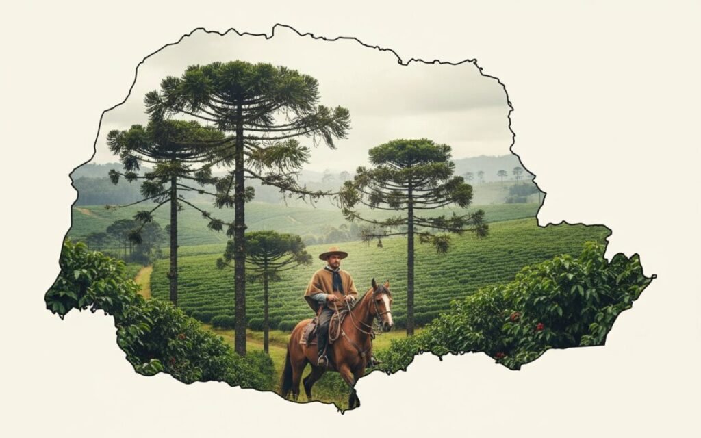 Paraná: 172 Anos de Emancipação Política nova ilustração corrigida do mapa do paraná com elementos históricos