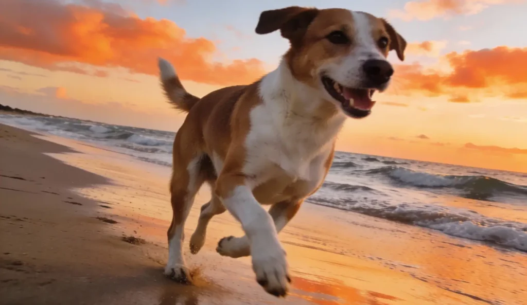 cachorro correndo na praia