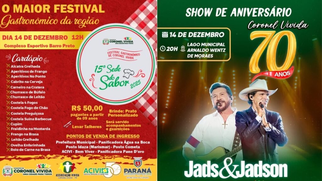 Coronel Vivida: 70 anos com Sede do Sabor e show de Jads & Jadson coronel vivida