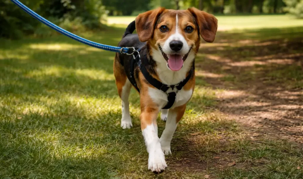 beagle caminhando na grama