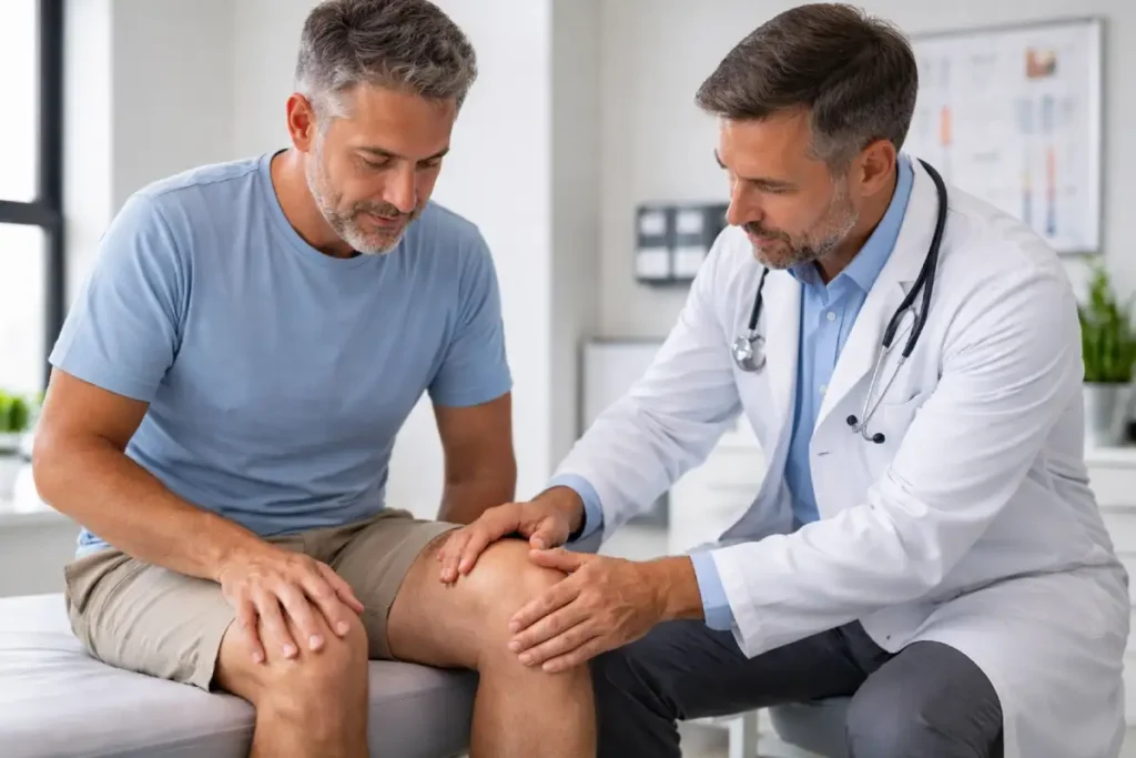 Infiltração com plasma próprio no tratamento do joelho médico examinando joelho